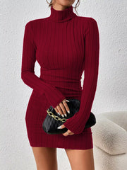 Front view of a burgundy ribbed turtleneck bodycon mini dress with long sleeves.