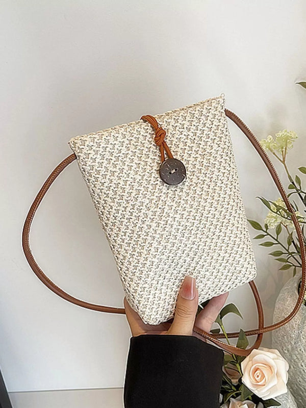 Off-white woven-texture mini crossbody bag with brown strap and button-loop closure
