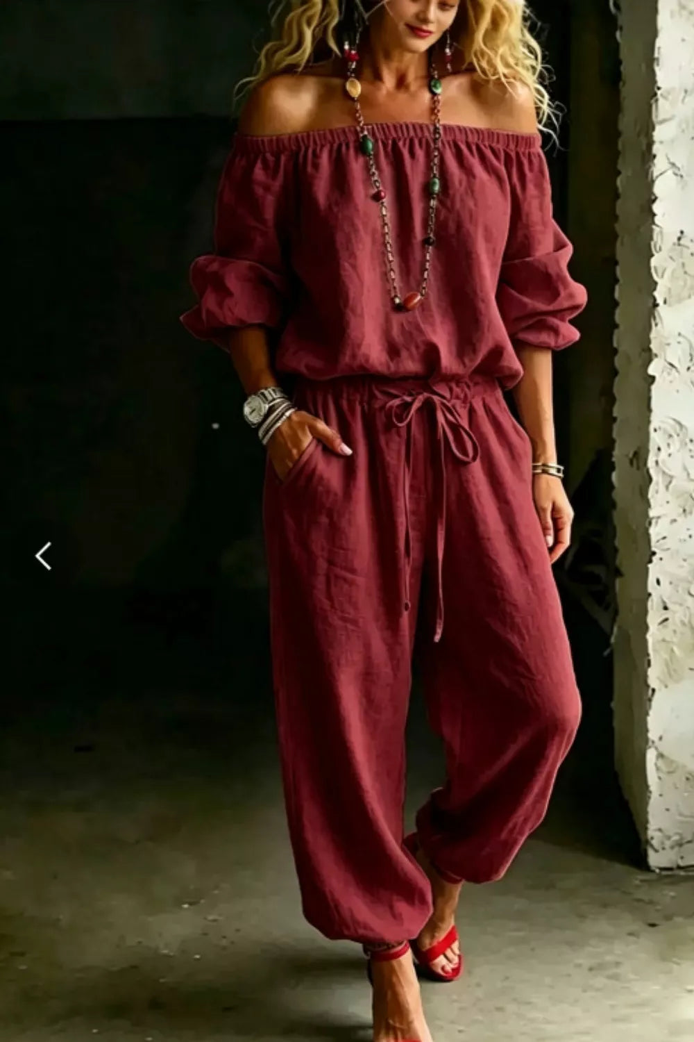 Full-size off-shoulder top and pants set plus size