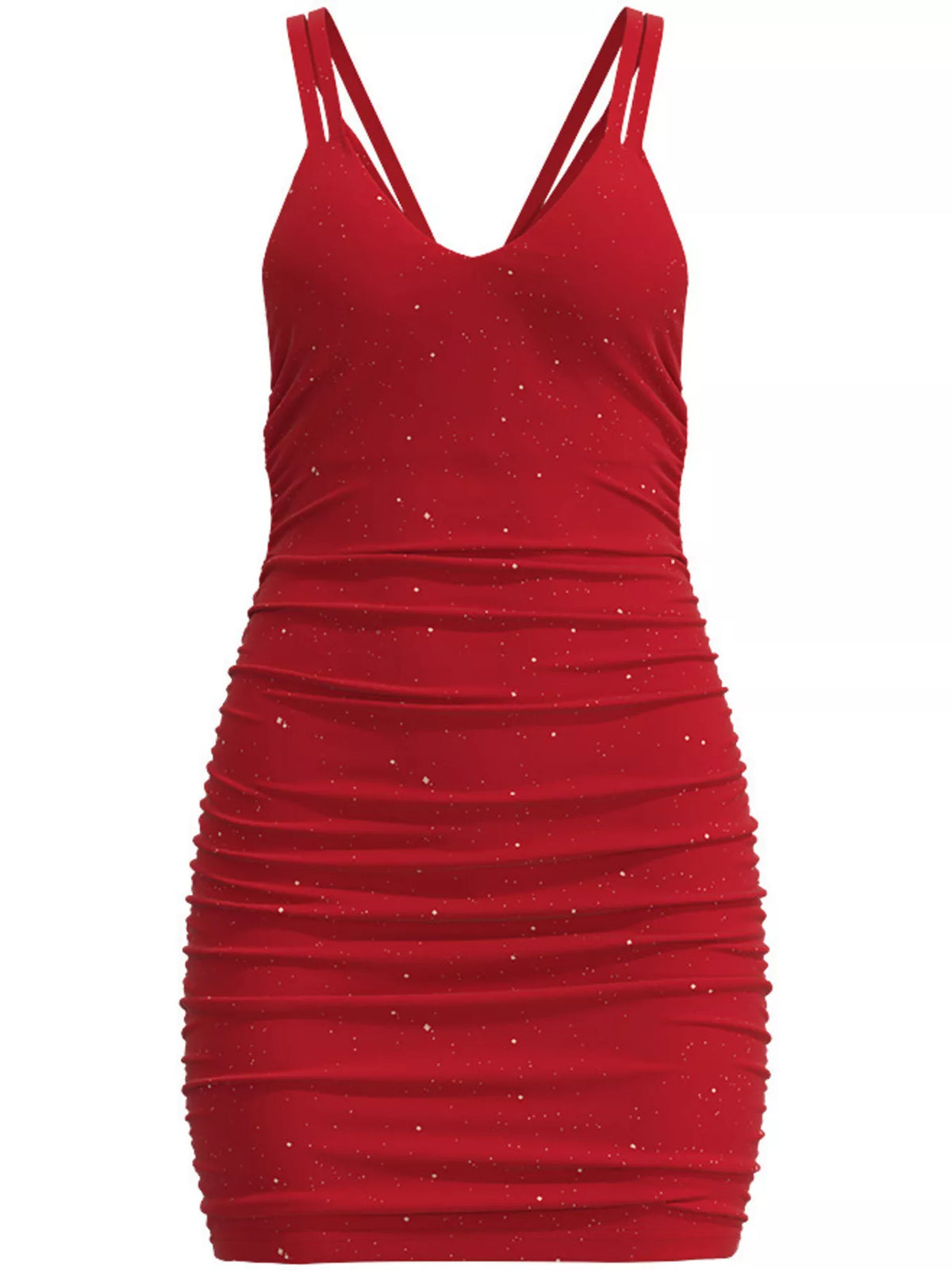 Front view of red ruched mini dress on hanger