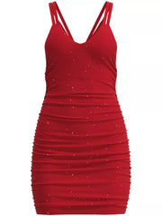 Front view of red ruched mini dress on hanger
