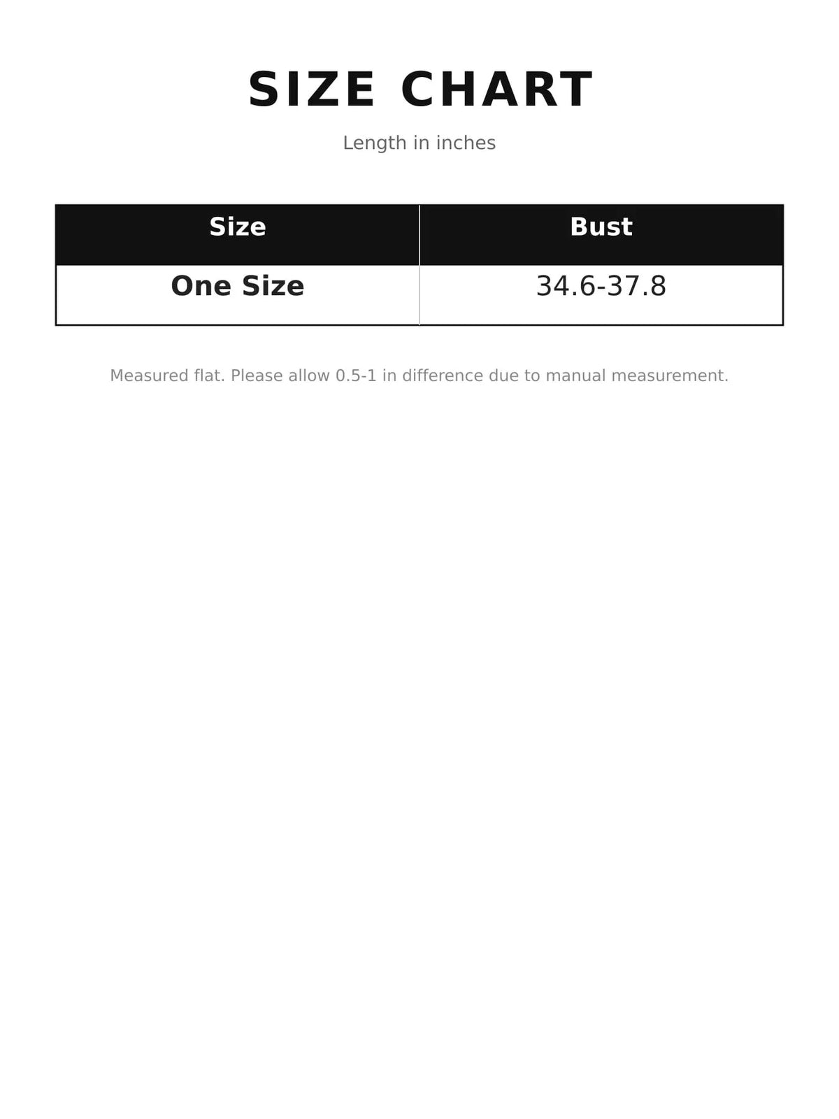 Size chart for metallic chainmail halter cami top showing one size and bust measurement