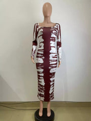 Back mannequin view of wine red and white tie-dye long-sleeve dress