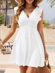 White ruffled V-neck mini dress with flared skirt