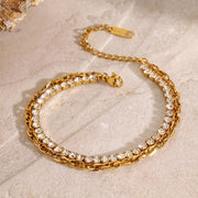 Double-layer gold rhinestone bracelet displayed flat