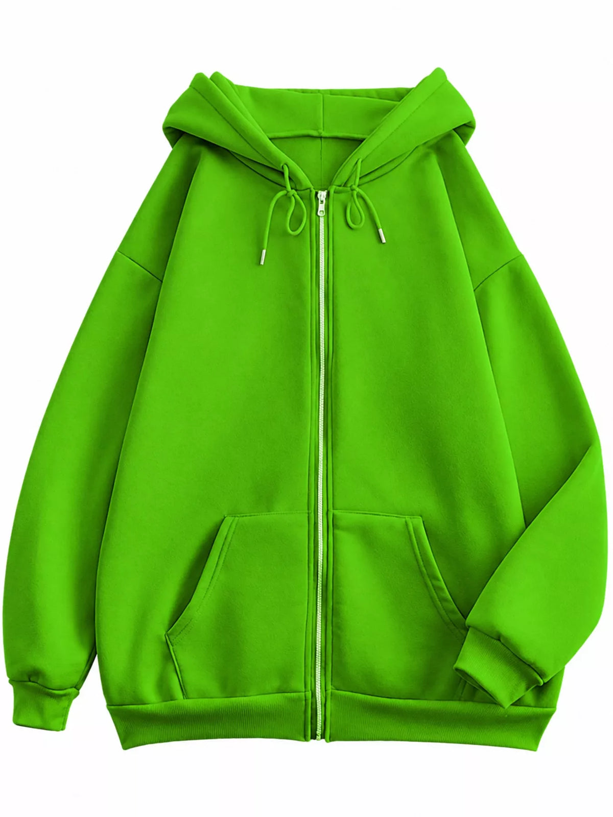 Front view of the bright green oversized zip-up hoodie with drawstring hood and pockets