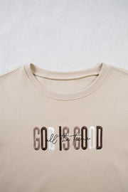 Close view of front chest graphic and crew neckline