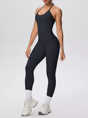 Alternate front view of halter neck cami and high-waisted leggings active set