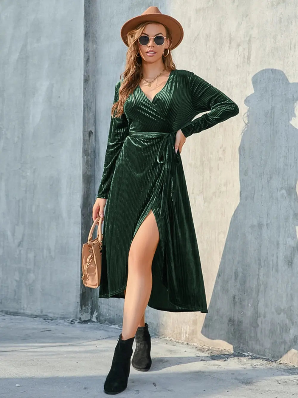 Dark green tie-front dress with long sleeves and high side slit