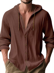 Model wearing brown hooded button-up shirt