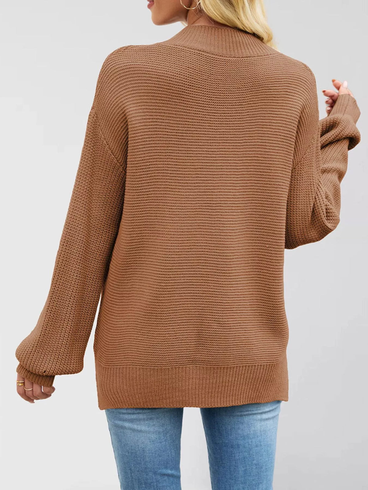 Women’s ribbed mock-neck drop-shoulder sweater in brown back view