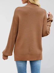 Women’s ribbed mock-neck drop-shoulder sweater in brown back view