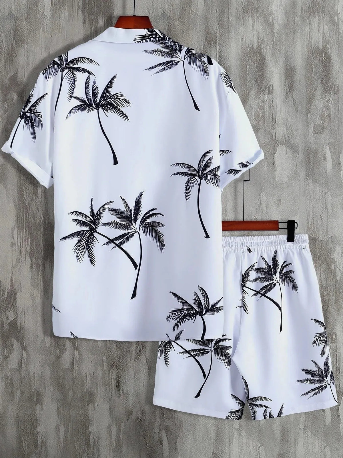 Mint green palm-print button-up shirt and shorts set, front view