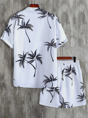 Mint green palm-print button-up shirt and shorts set, front view