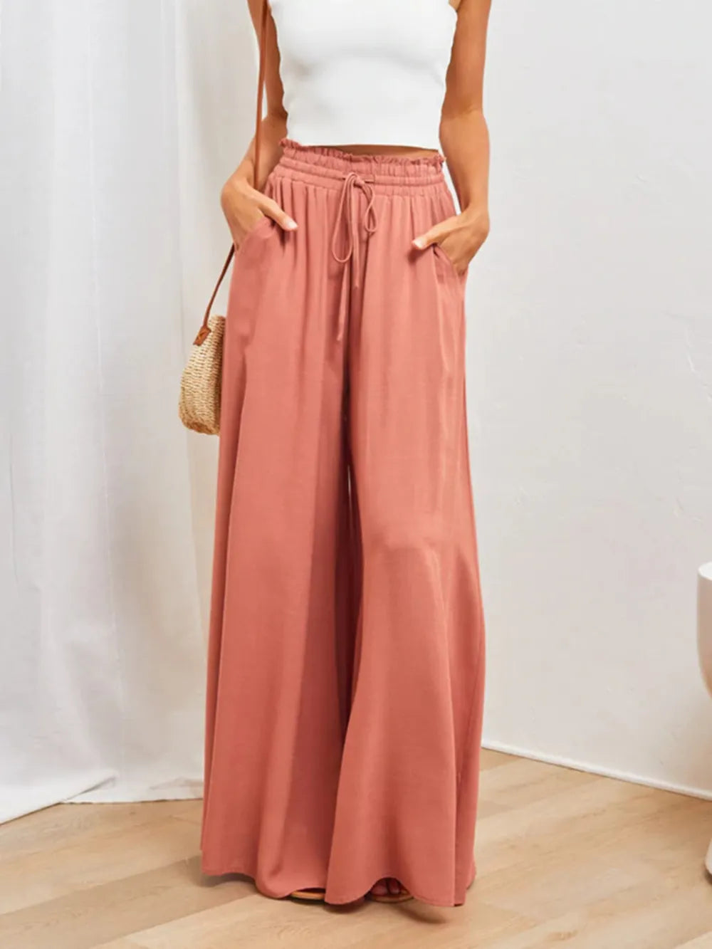 Front view of rose wide-leg pants with gathered elastic waist