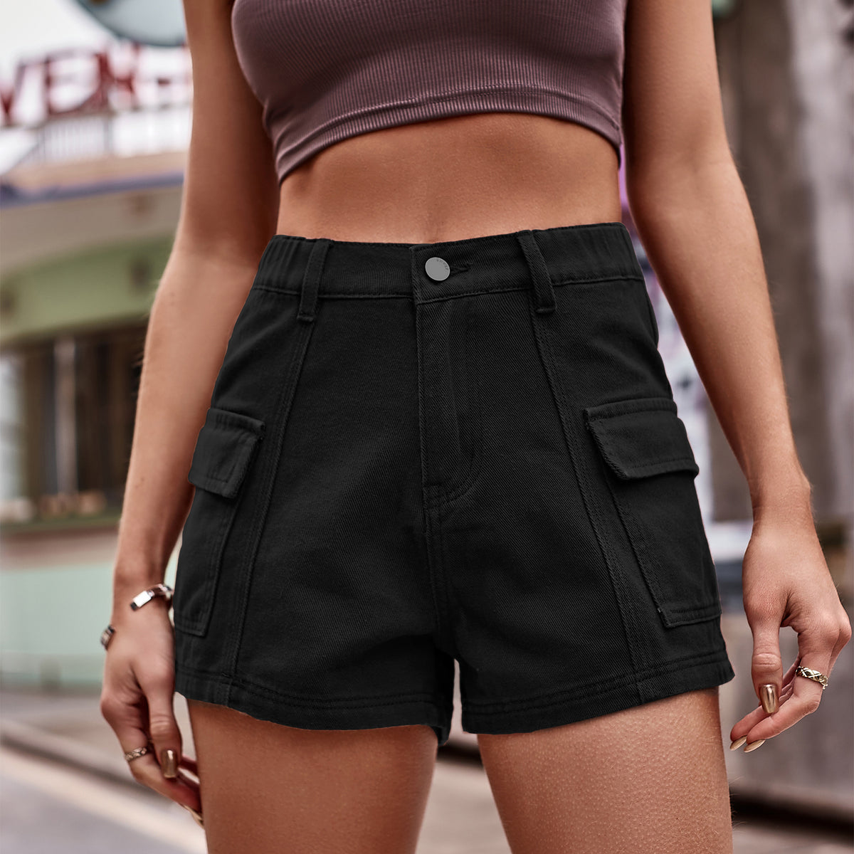 Black high-waisted cargo shorts, front view