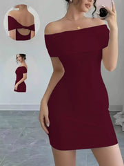 Front mirror view of a burgundy off-shoulder fitted mini dress with an inset of its open back.