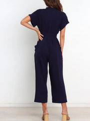 Women's notched short-sleeve tie-waist jumpsuit, navy back view