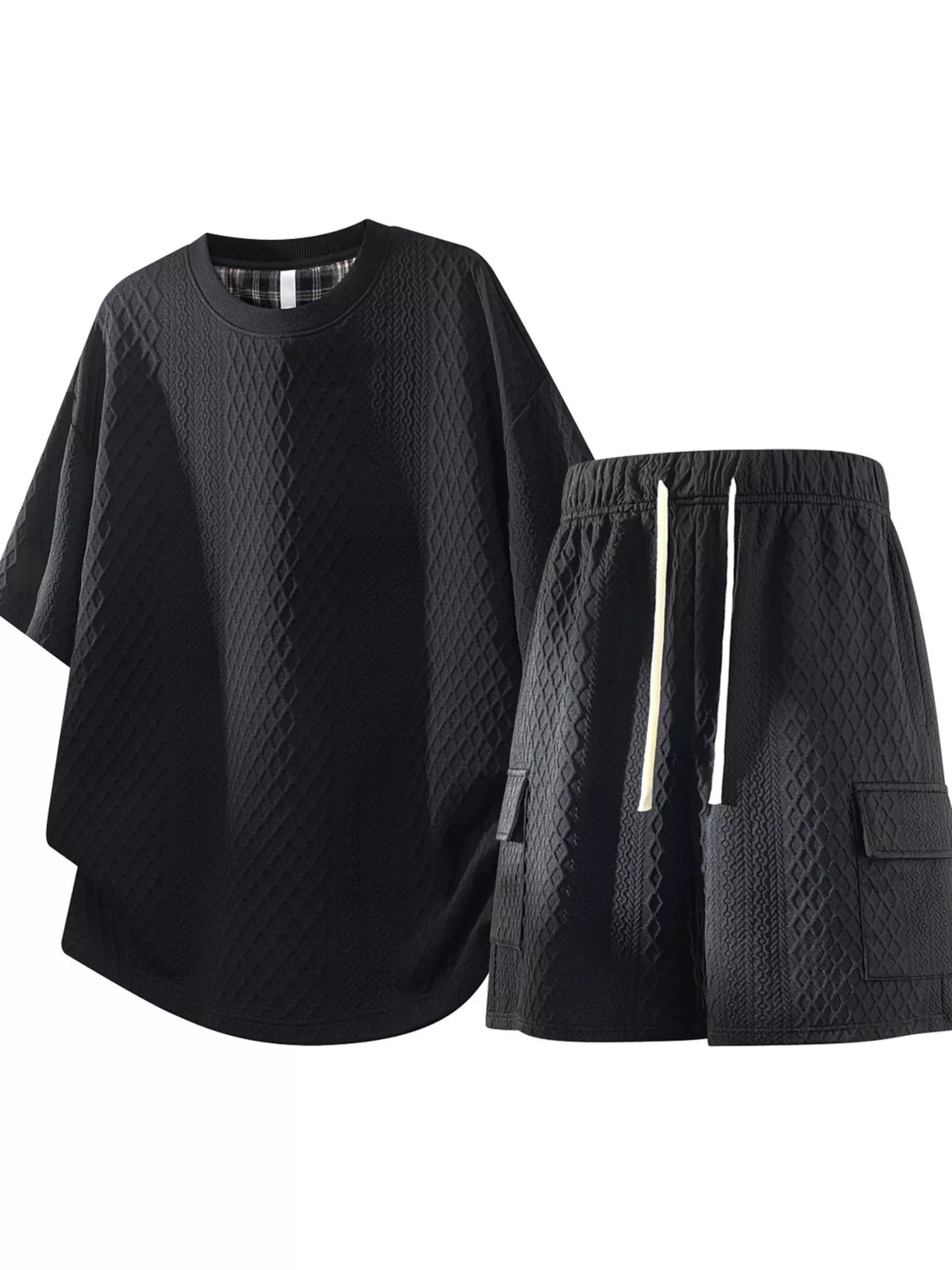 Black waffle-knit shirt and drawstring shorts set, front view
