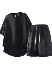 Black waffle-knit shirt and drawstring shorts set, front view