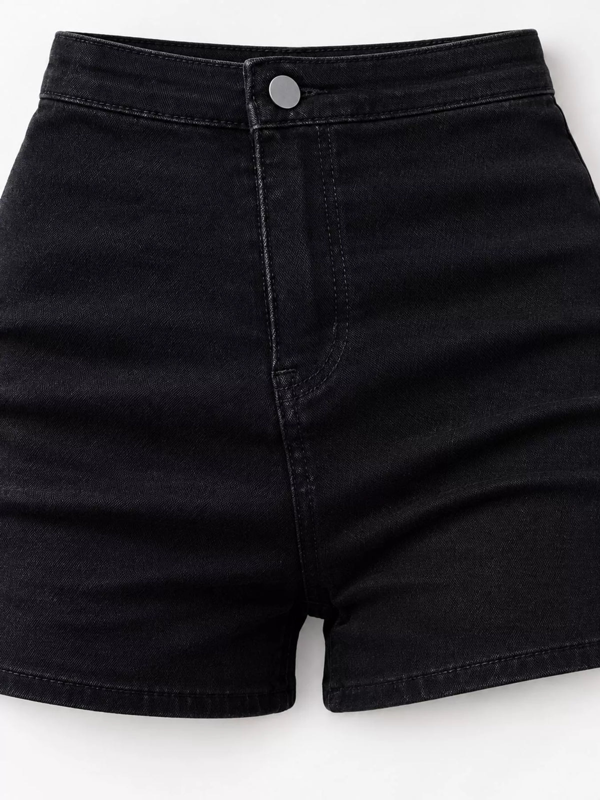 Close front view of black high-waisted denim shorts