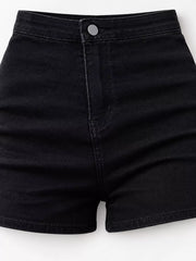 Close front view of black high-waisted denim shorts