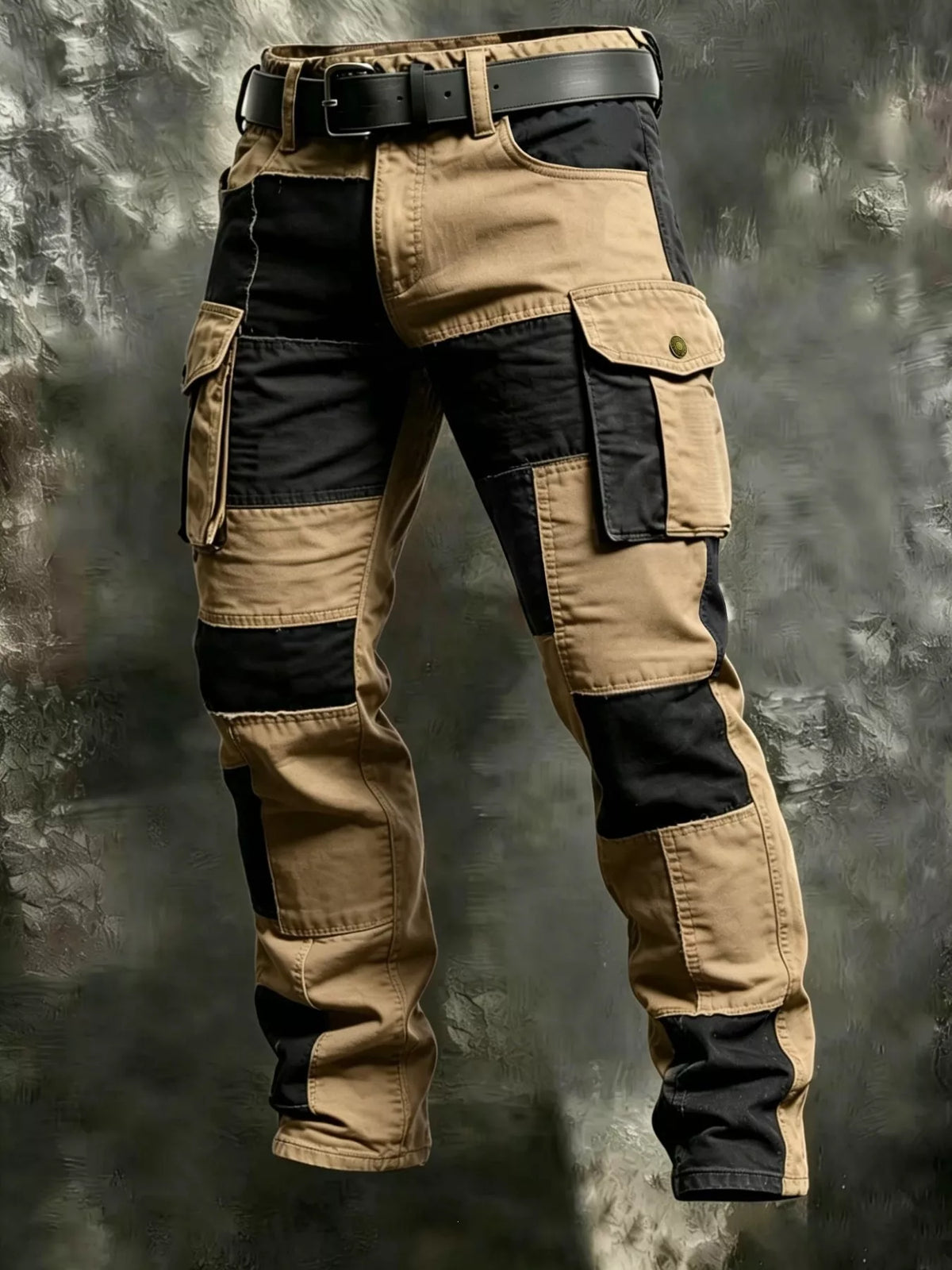 Tan and black color-block cargo pants with multiple flap pockets