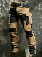 Tan and black color-block cargo pants with multiple flap pockets