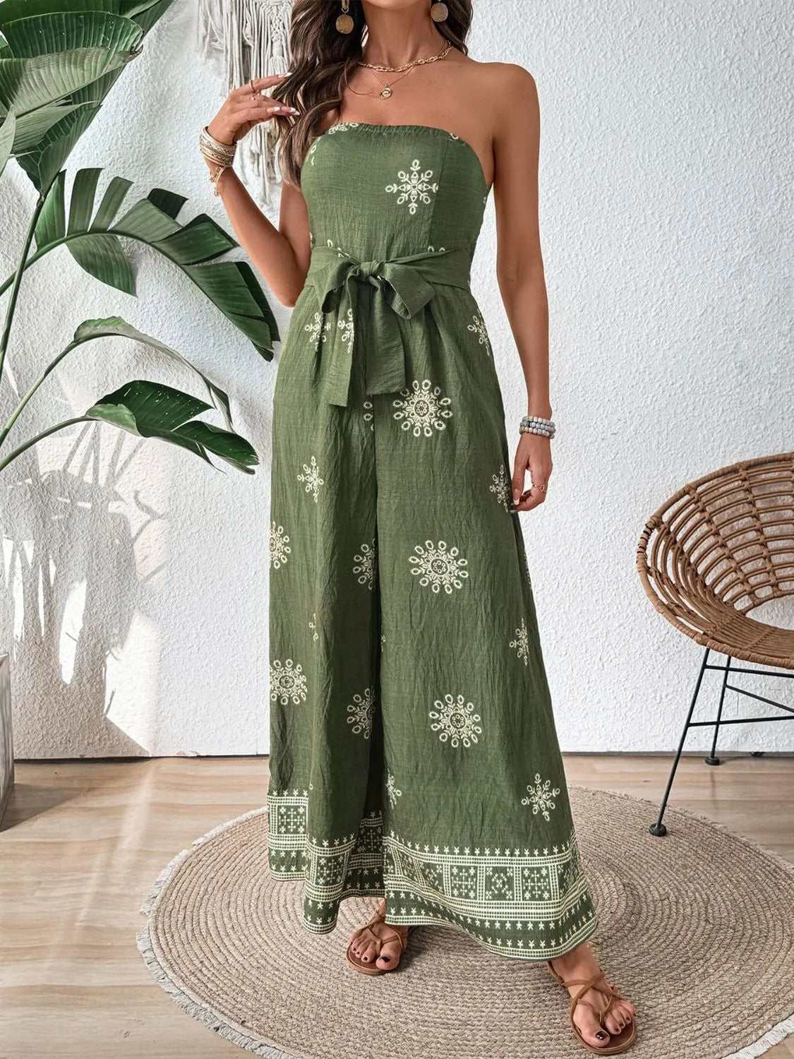Front view showing tie-waist strapless jumpsuit