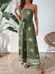 Front view showing tie-waist strapless jumpsuit