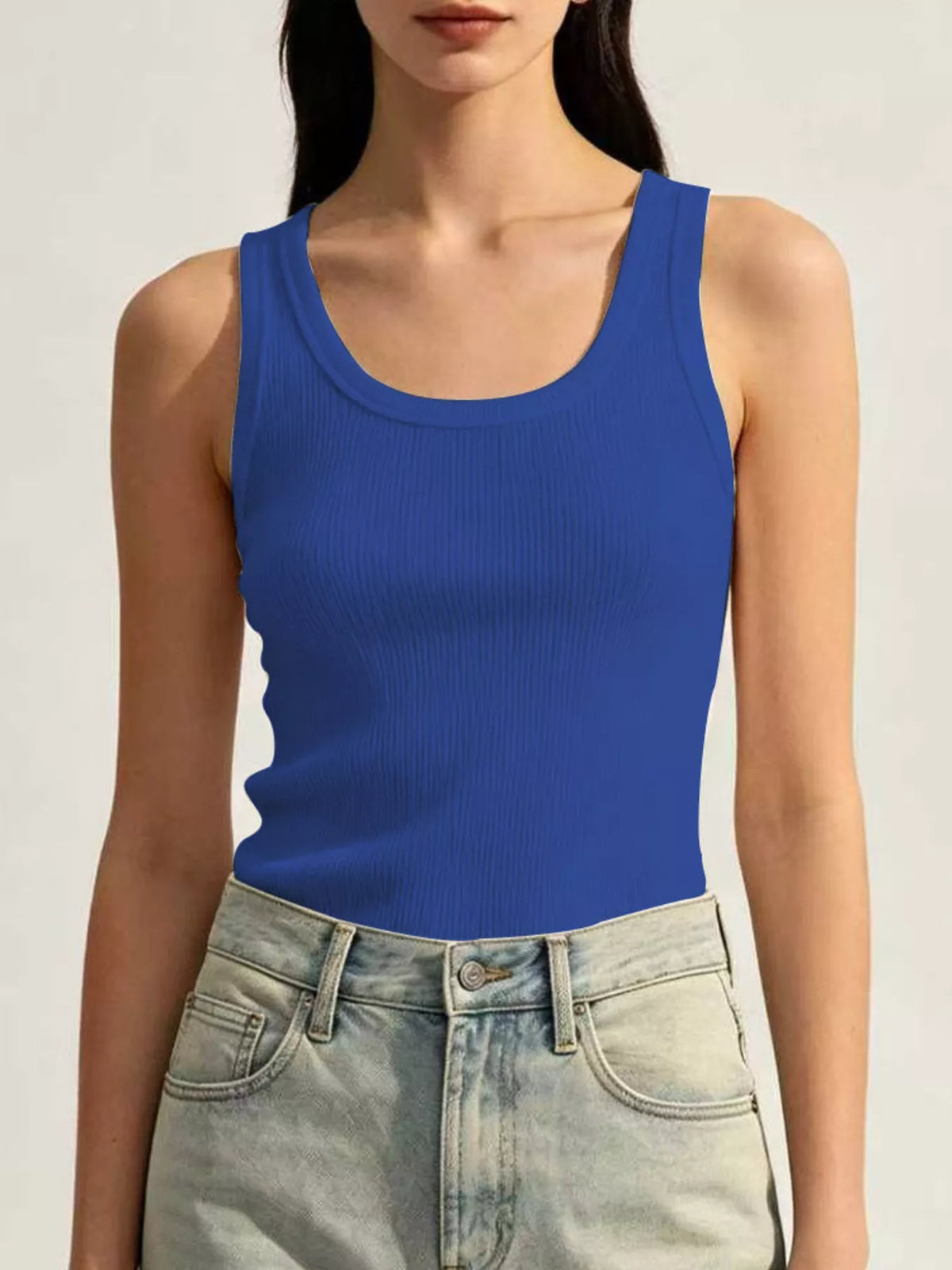 Royal blue ribbed U-neck tank front