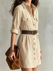 Tan collared shirt dress with belt and button front, full view