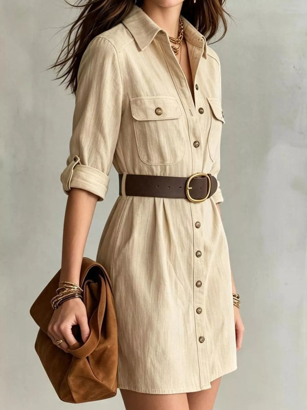 Tan collared shirt dress with belt and button front, full view