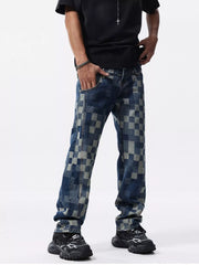 Angled view of blue checkerboard jeans showing the front pocket and relaxed legs