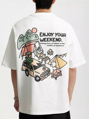 Back view of white T-shirt with colorful “Enjoy Your Weekend” camping illustration