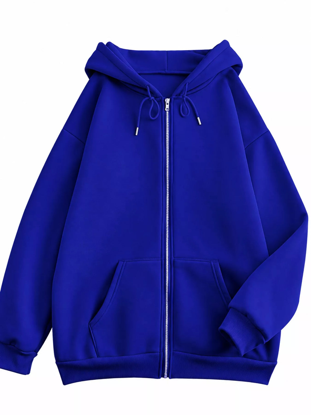 Front view of the royal blue oversized zip-up hoodie with drawstring hood and pockets