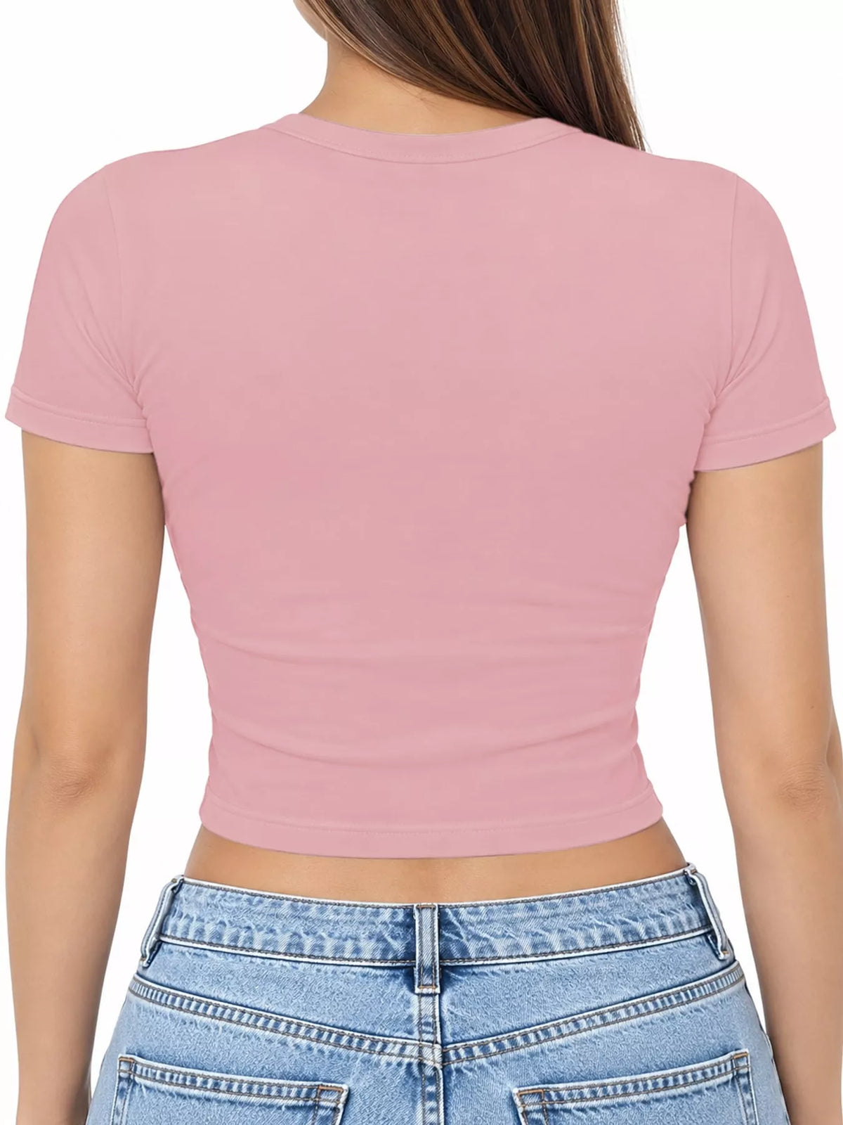 Pink crew-neck crop T-shirt, back view.