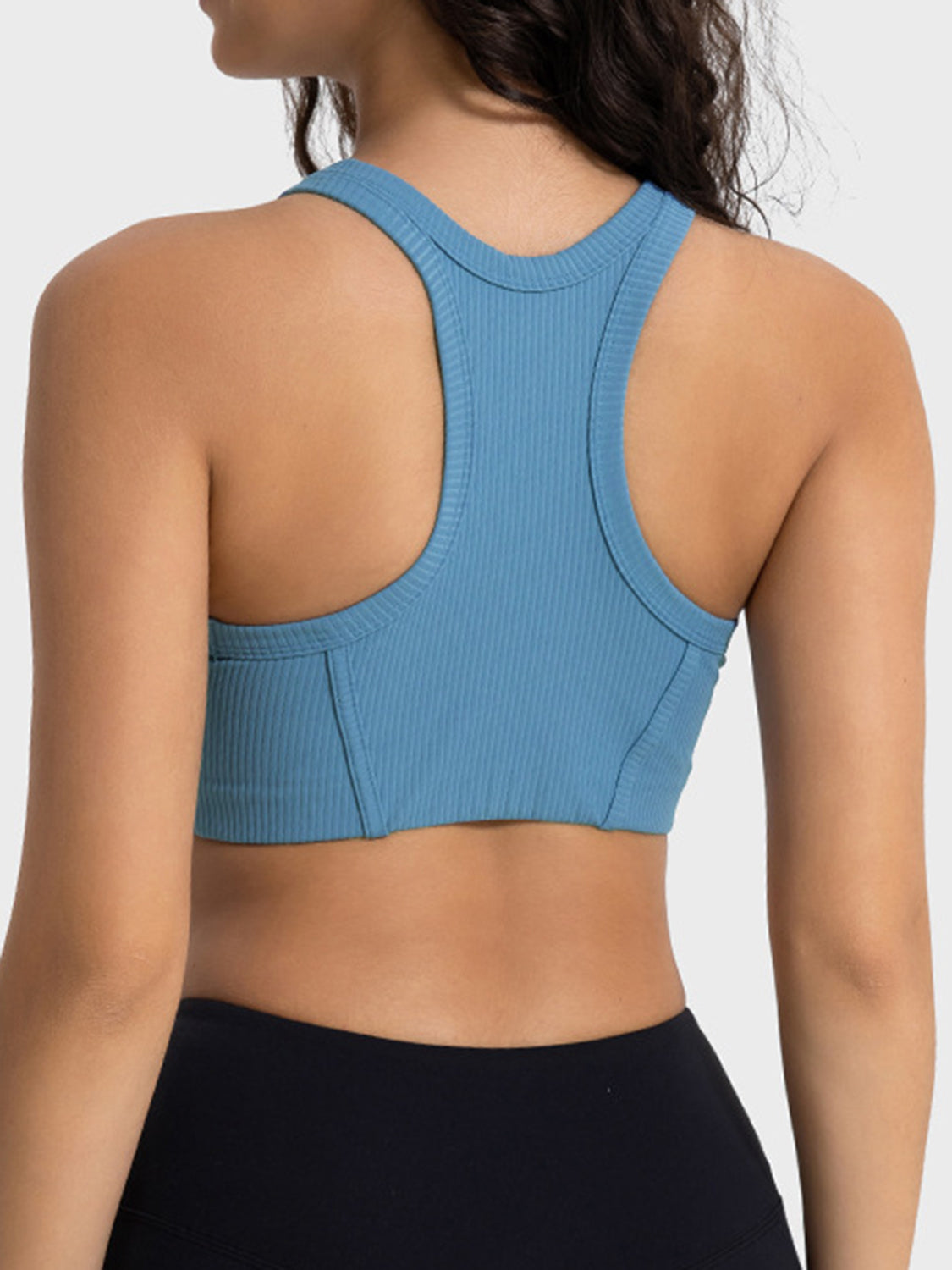 Blue cropped tank with racerback straps, rear view