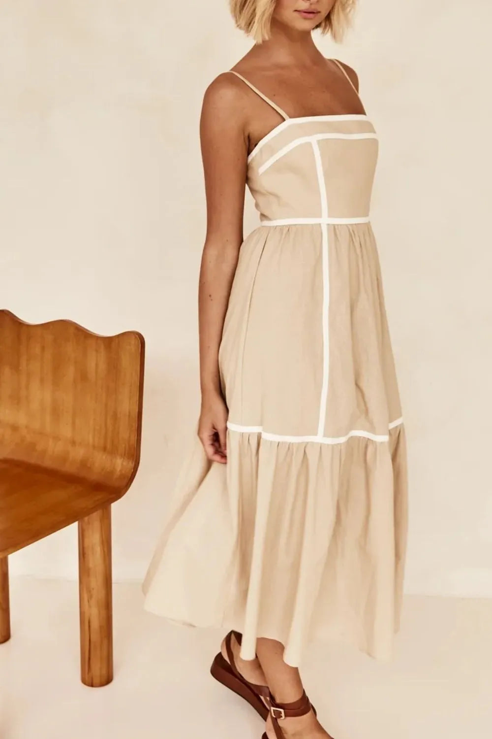 contrast trim square neck midi cami dress in tan, additional detail view