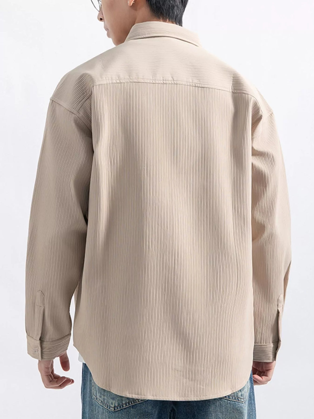 Men's beige textured button-down shirt with front pocket