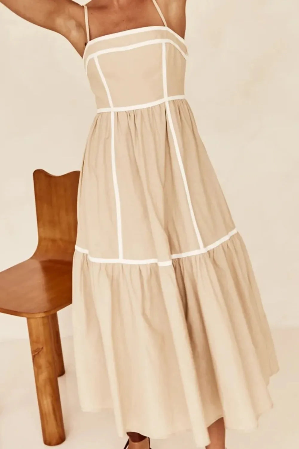 contrast trim square neck midi cami dress in tan, full view