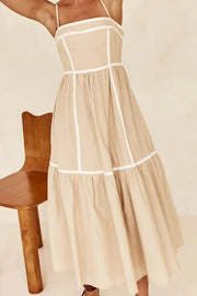 Close view of bodice seams and contrast trim