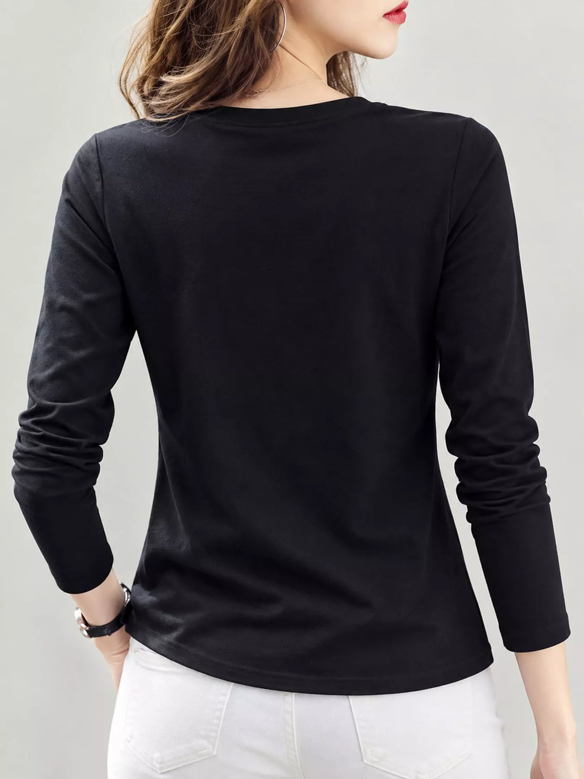 Back view of black long-sleeve T-shirt