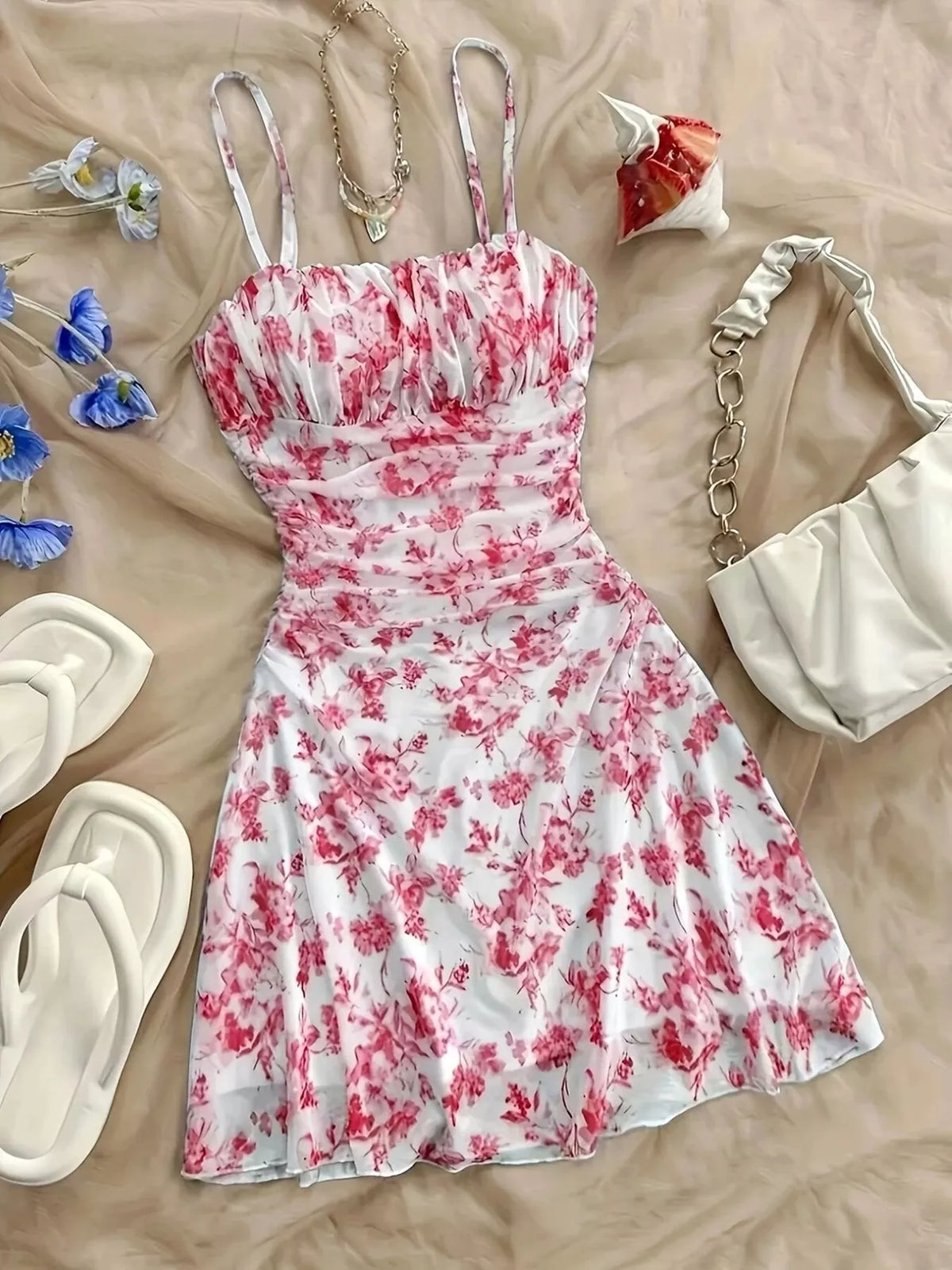 Pink floral spaghetti-strap mini dress laid flat, front view