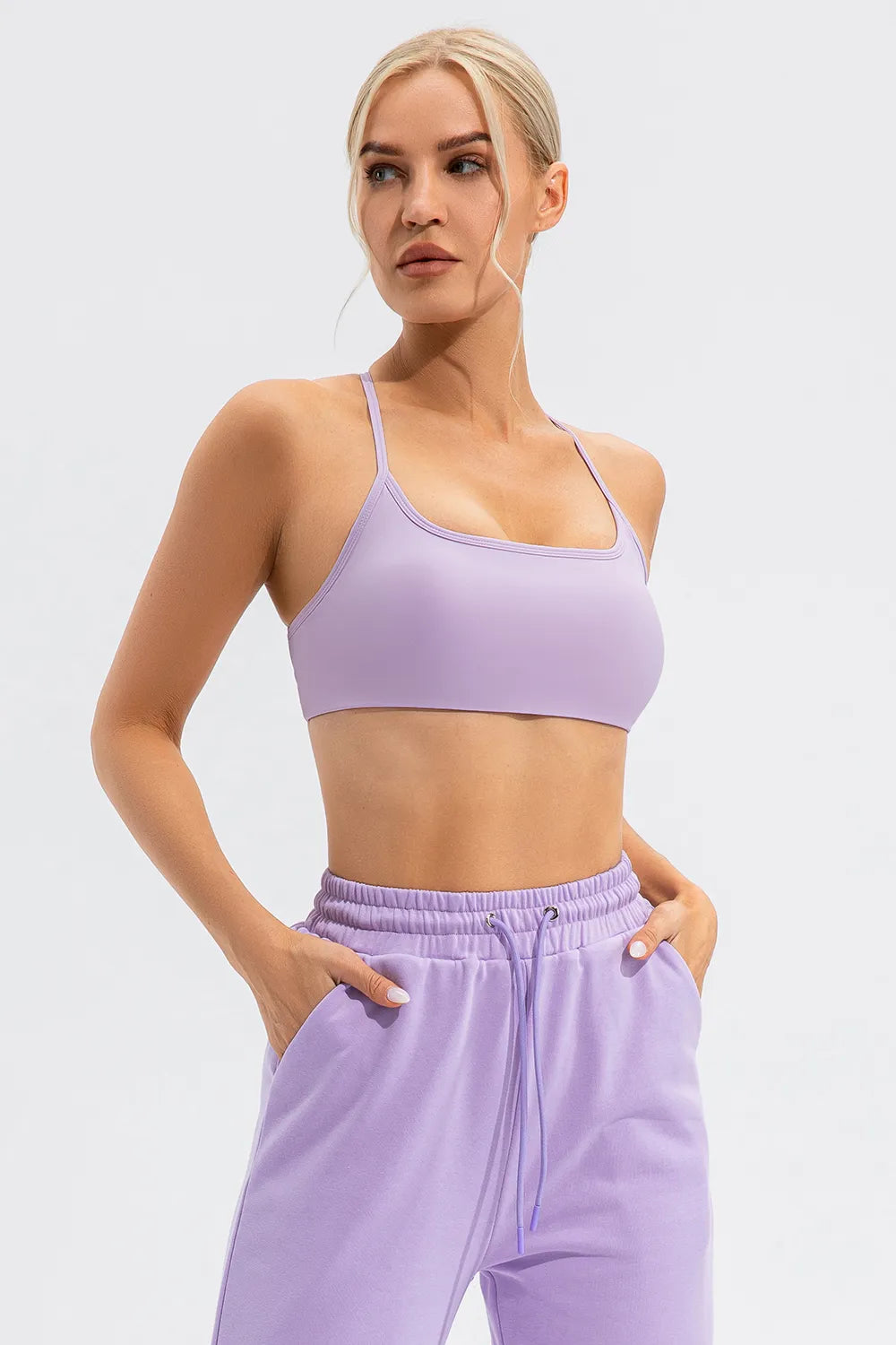 Lavender crisscross spaghetti-strap active cami, front view