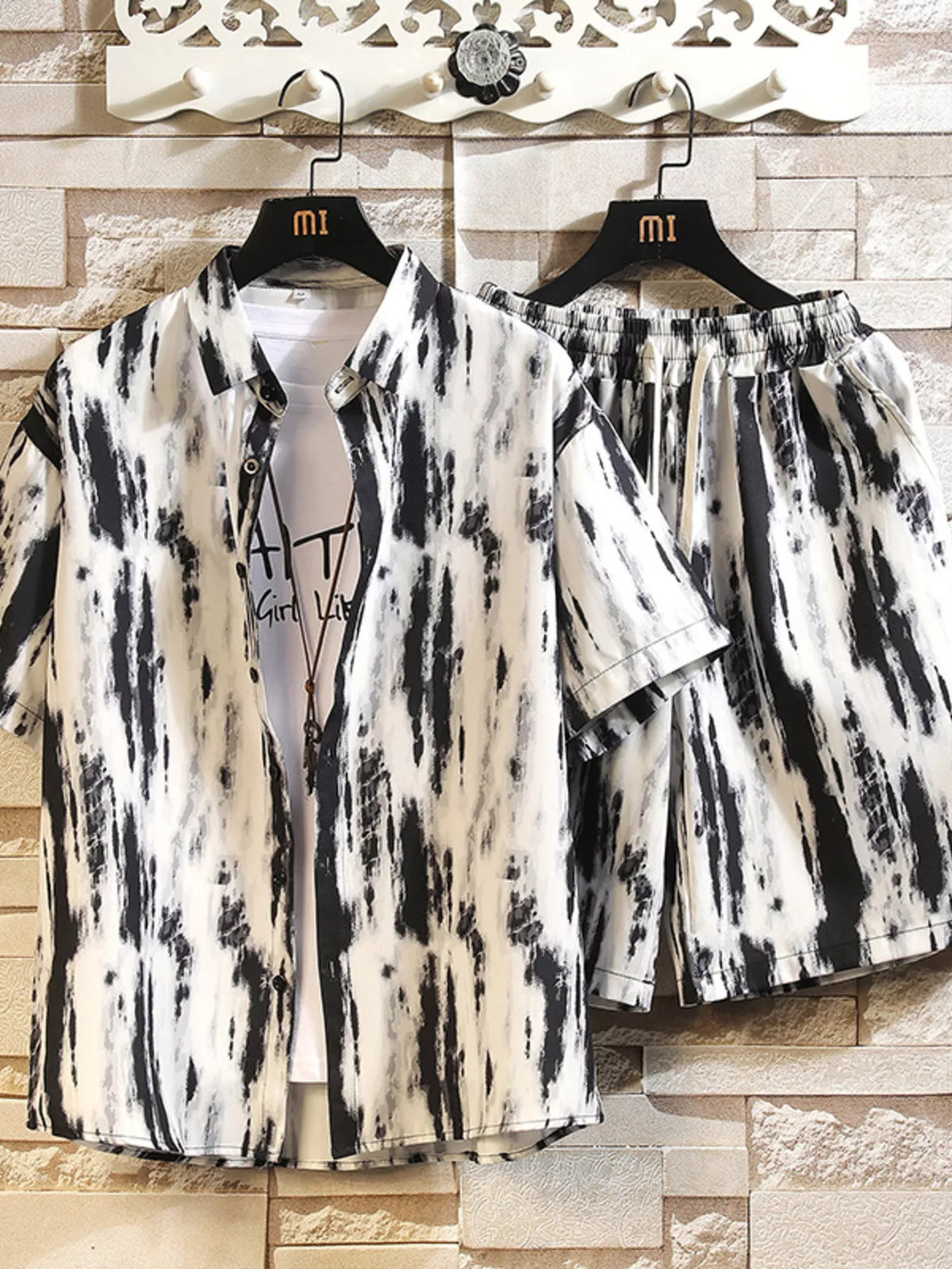 Black-and-cream brushstroke print button-up shirt and shorts set