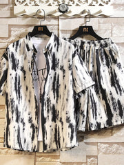 Black-and-cream brushstroke print button-up shirt and shorts set