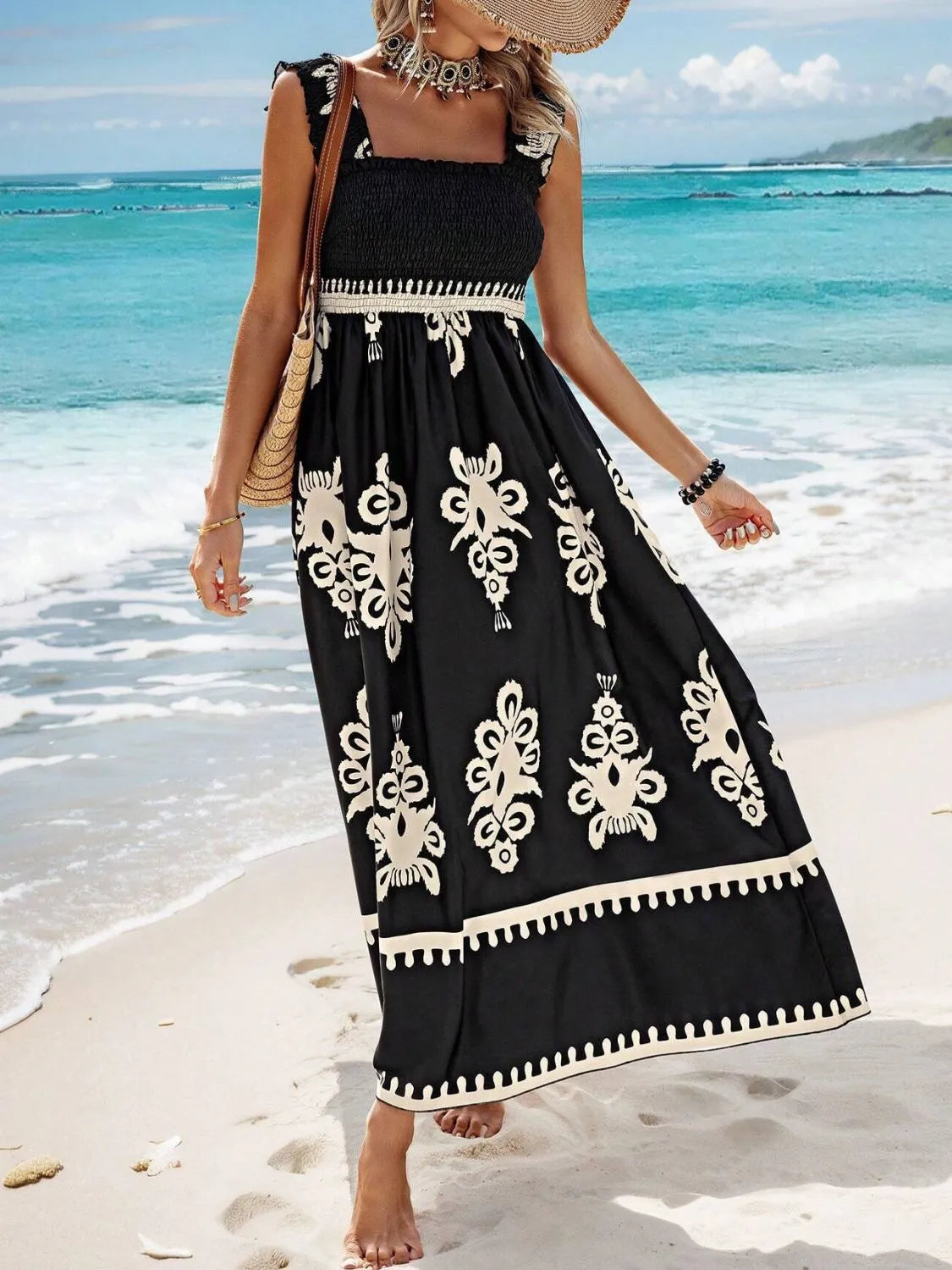 Black and cream floral maxi dress, full-length front view