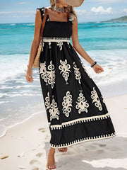 Black and cream floral maxi dress, full-length front view