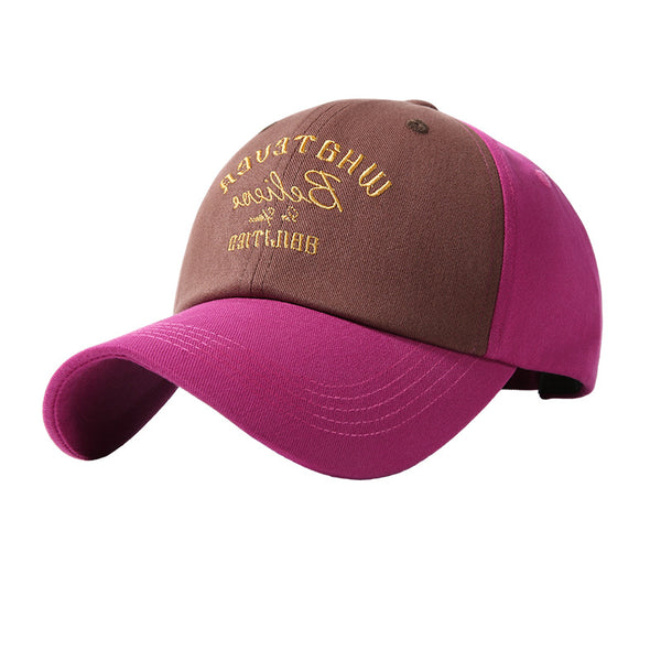 Brown and pink two-tone baseball cap with embroidered front lettering